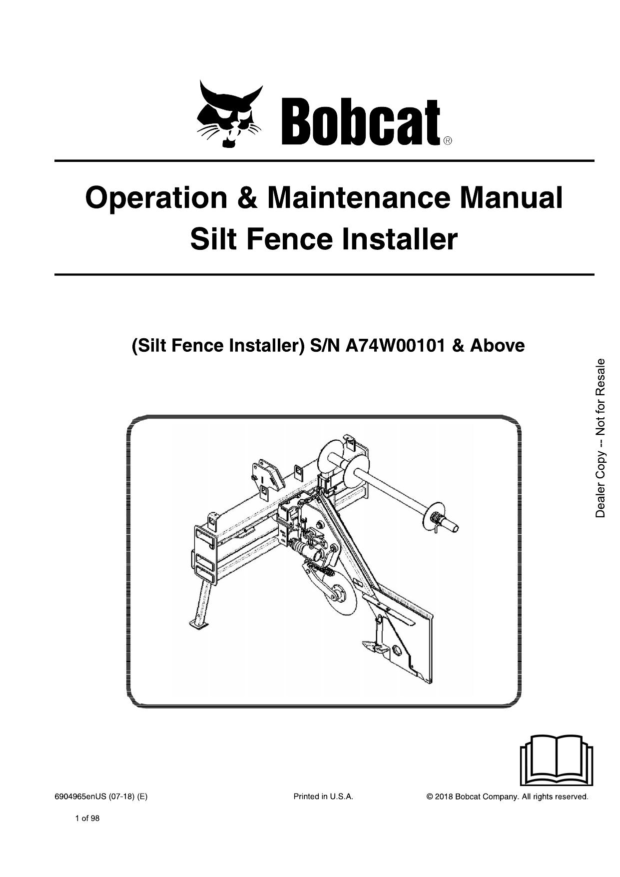 Silt Fence Installer Attachment Operation & Maintenance Manual Bobcat
